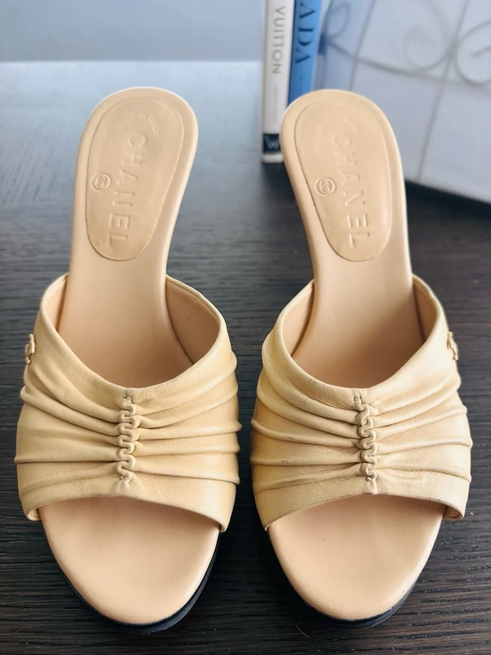 CHANEL Ruched Leather CC Logo Mule Heels Size 6B